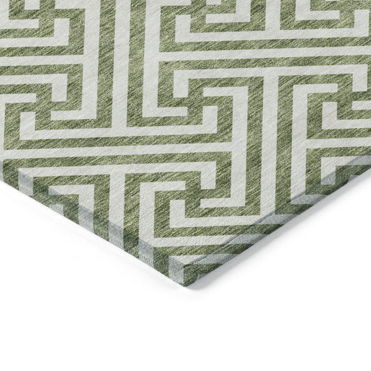 10' X 14' Green And Beige Geometric Washable Indoor Outdoor Area Rug